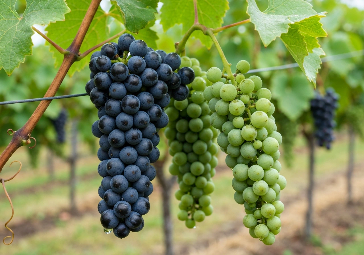 Close-up of dark and pale grape clusters growing on a vine with dew-covered berries