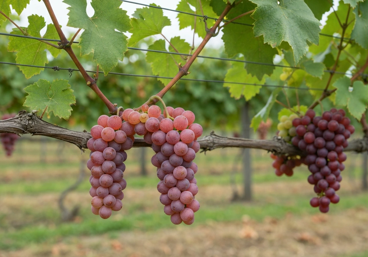 Pink Frontenac Gris grape clusters on a trellis next to a contrasting white or red cluster.