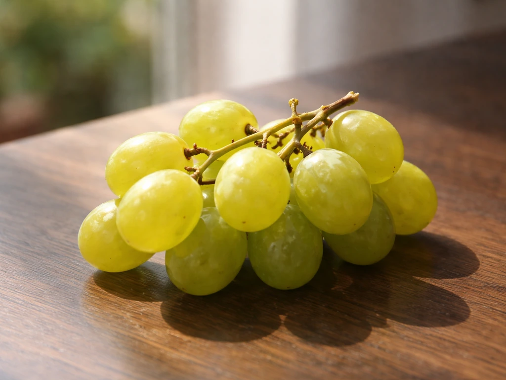 Close-up of glossy seedless grapes in a small bunch on a dark wooden table, sunlit and ripe.