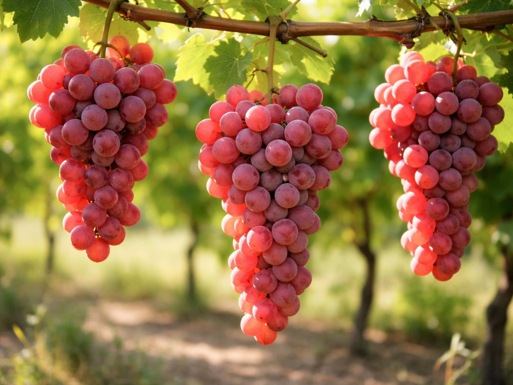 Red/pink seedless grape bunches hanging on the vine, showing berry color and cluster size