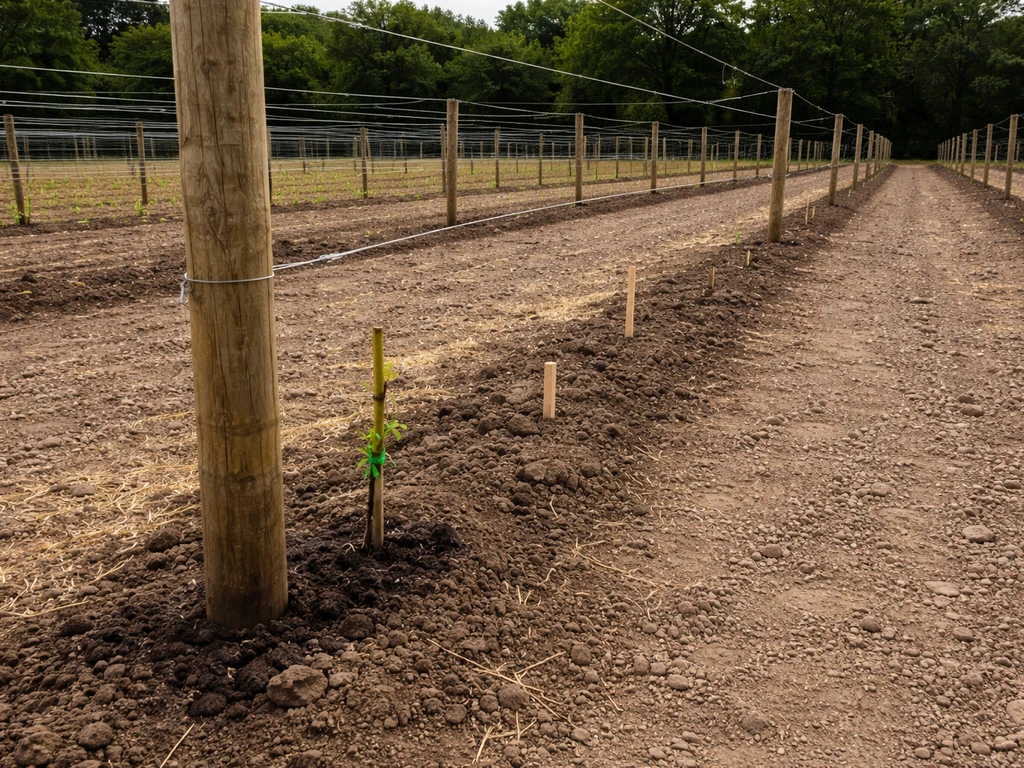 Minimal vineyard trellis with wires, spaced posts, and a newly planted grapevine cane in dark soil.
