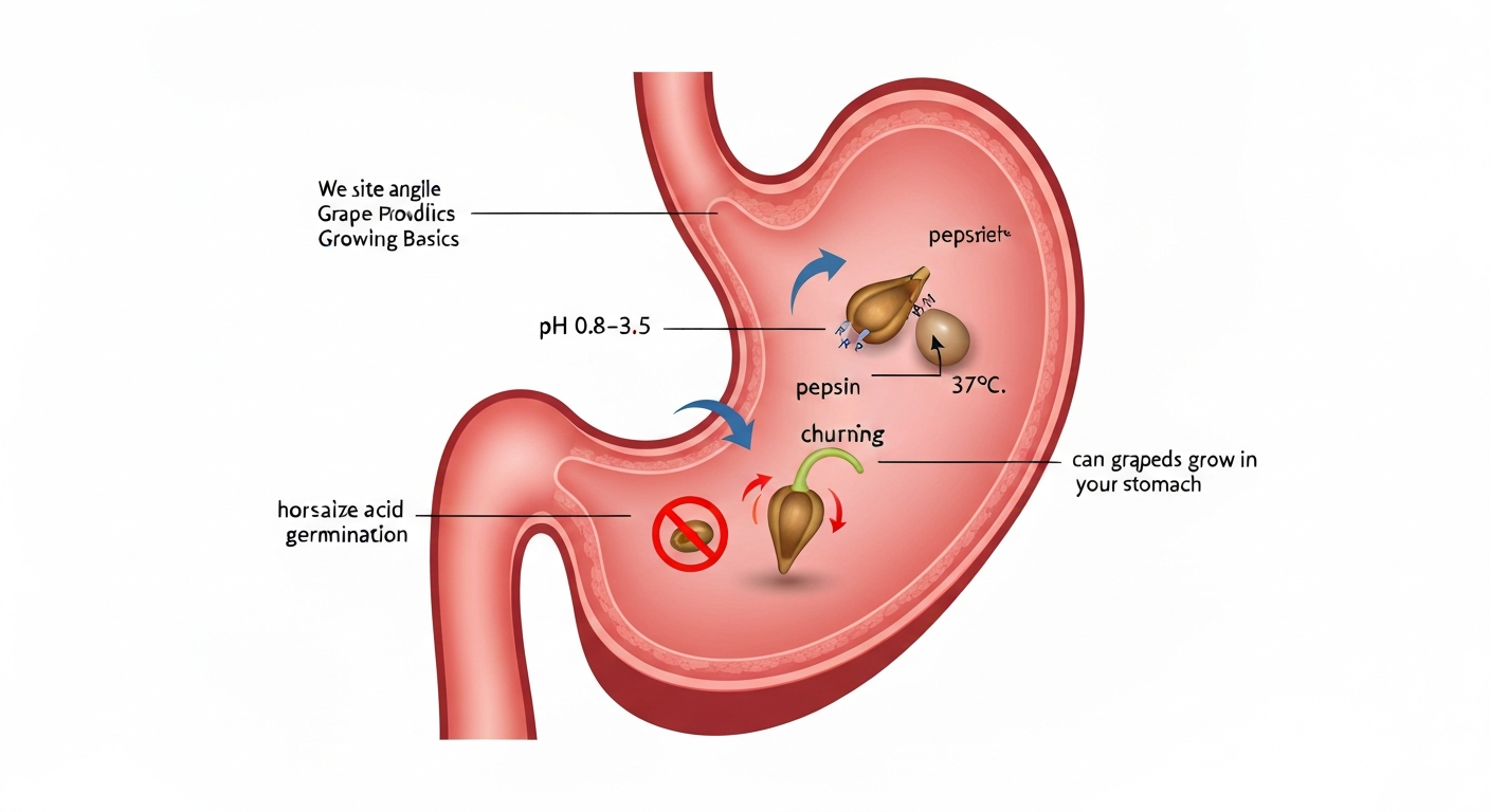 Medical-style cross-section of a stomach with grape seeds being degraded by acidic fluid and enzymes; a clear ‘no growth’ indicator shows seeds cannot sprout.