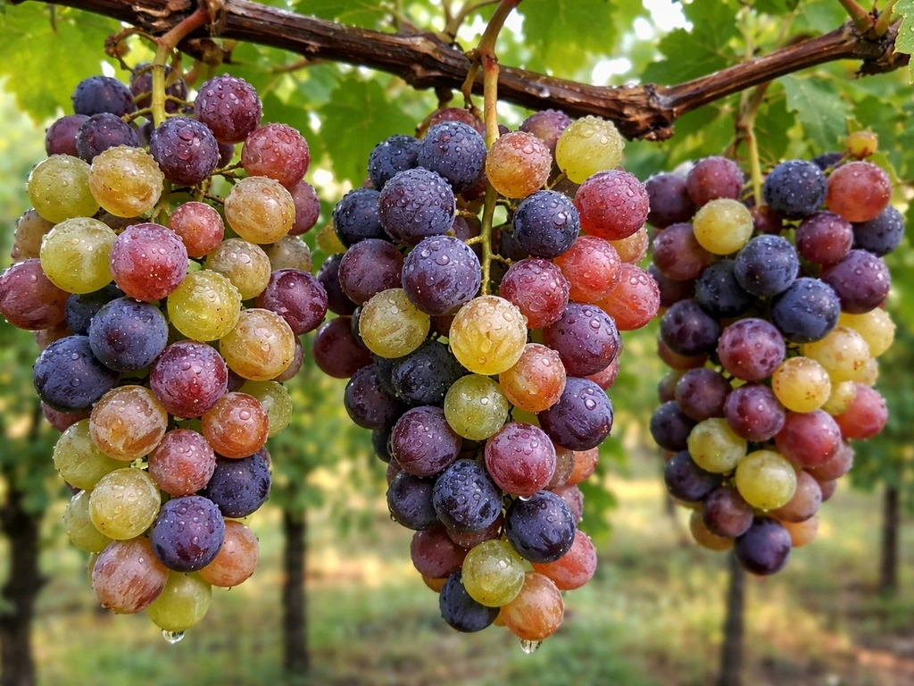 Close-up of freshly harvested assorted table grapes hanging on the vine, ready to eat