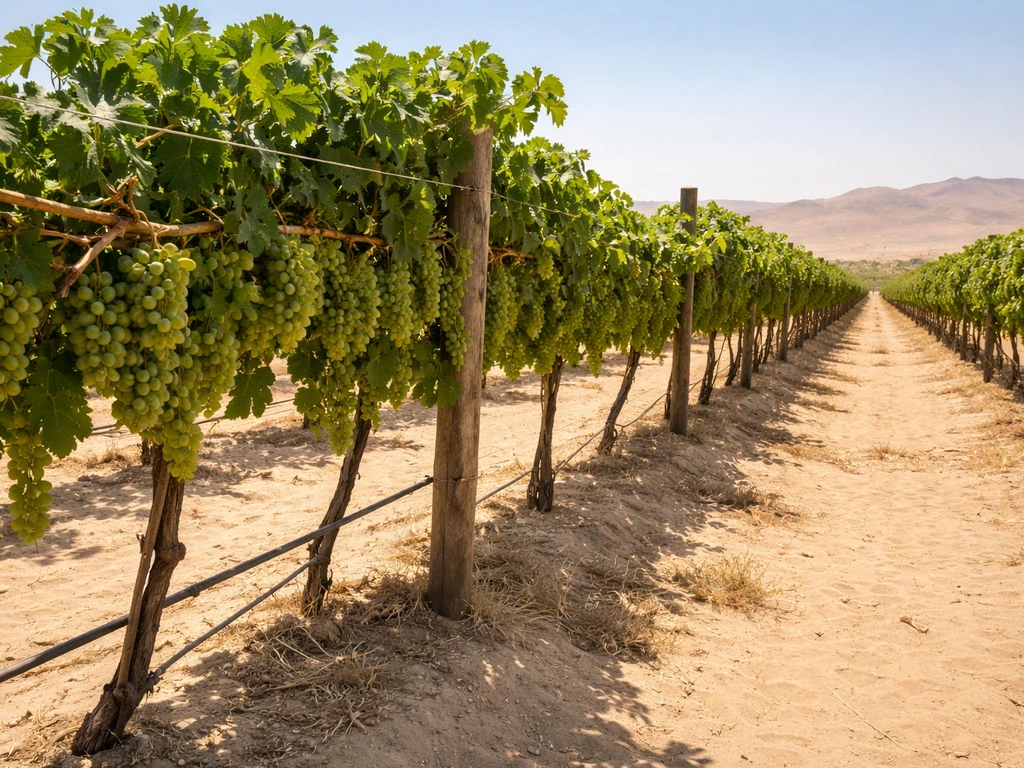 Sunlit grapevines trained on a trellis in Egypt’s arid landscape with green grape clusters.