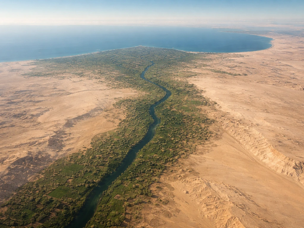 A simple aerial view of Egypt’s Nile Delta and inland desert contrasting greener grape-growing microclimates.