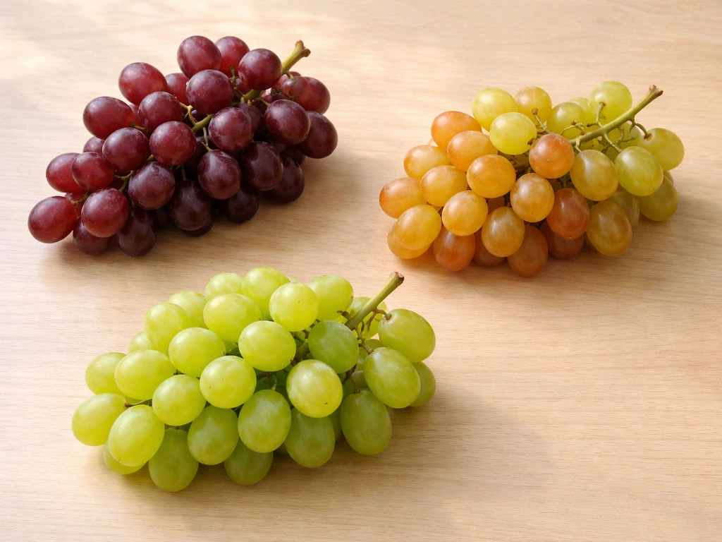 Three spaced table grape bunches (red, green, amber) on a light wooden surface in natural light.