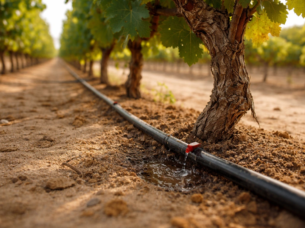 Drip irrigation lines with emitters running along a grapevine row in an Egyptian vineyard.