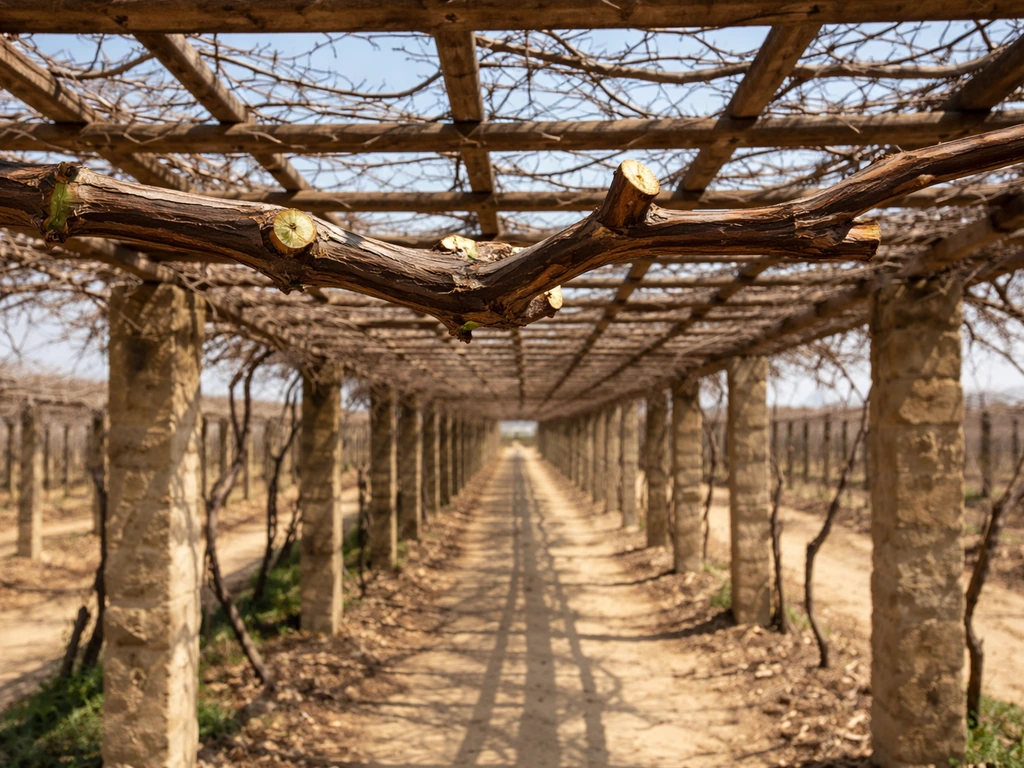 Overhead pergola-style grape arbor trellis with trained canes and visible winter pruning cuts.