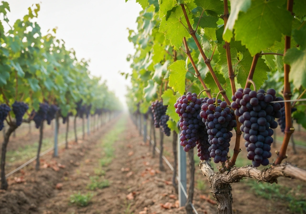 Ripe grape clusters on healthy vines in early morning light within a vineyard row.
