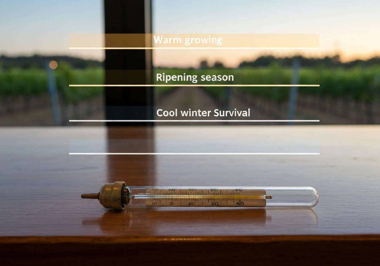 Thermometer on a wooden table with three subtle light bands suggesting grape growing, ripening, and winter cold.