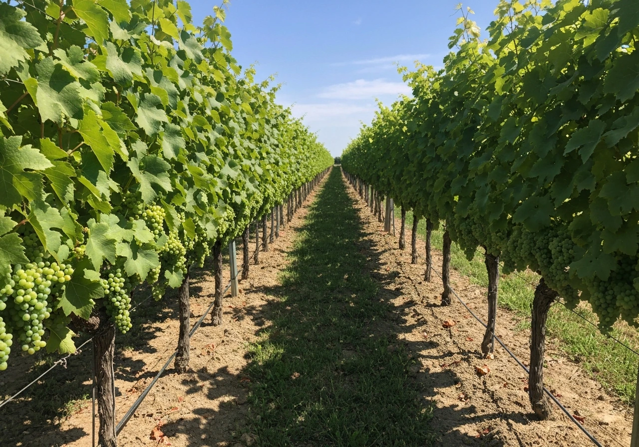 Grapevines in a vineyard basking in bright sunlight with long shadows indicating direct sun exposure