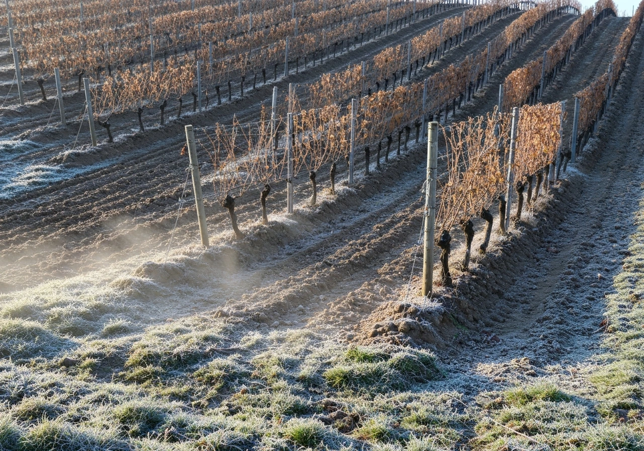 Angled vineyard slope with frost pooling in a low spot and clearer, less-frosted soil upslope.