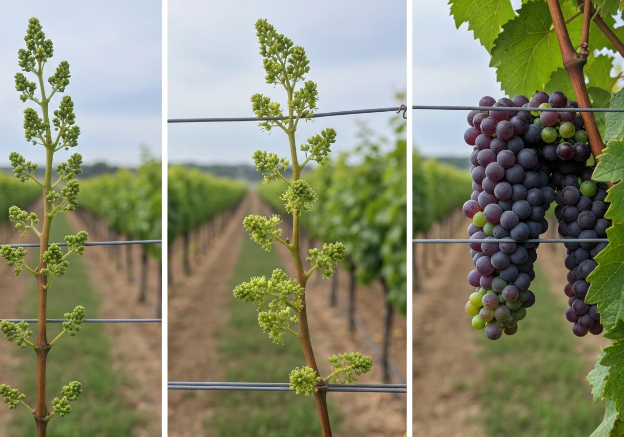 Vine on a vineyard showing budbreak, flowering, and ripe grapes in three distinct stages.