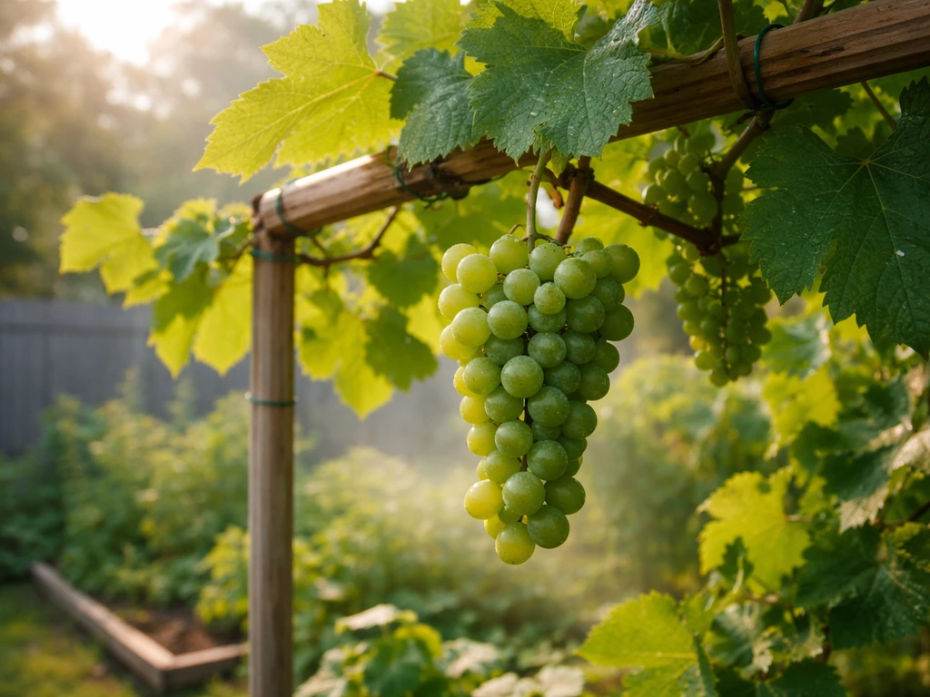 Sunlit green grapevine on a backyard trellis with a visible grape cluster, suggesting success in Houston heat