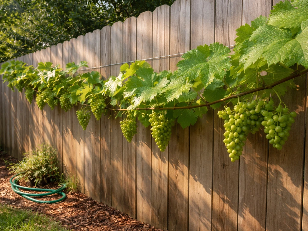 Houston backyard garden with a thriving grapevine in summer heat under clear sun, hints of humidity
