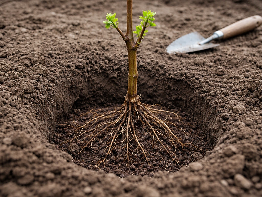 Bare-root grapevine being planted in deep soil with visible roots and correct planting depth