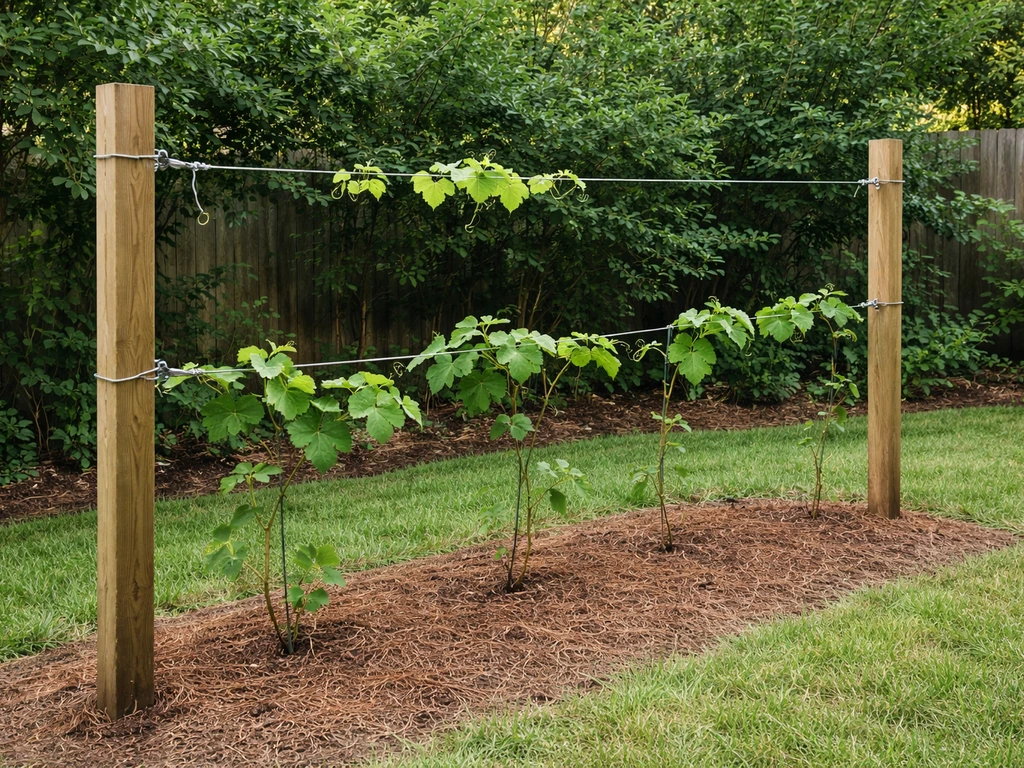 Two-wire backyard trellis in a Houston garden with posts, taut wires, and training ties near the vines.