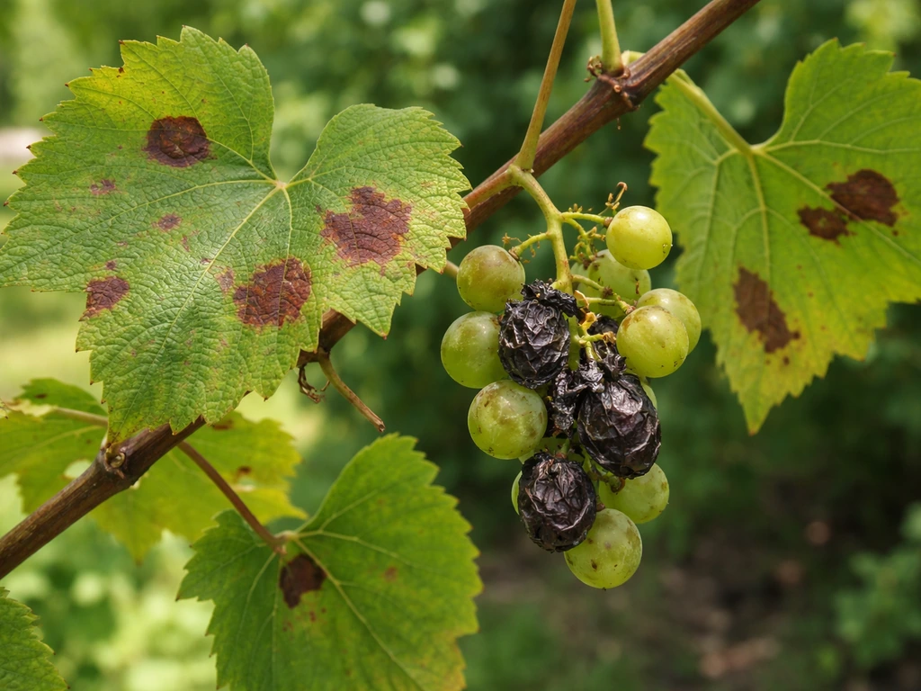 Close-up of grape leaves with reddish-brown spots and dark, shriveled berries from black rot.