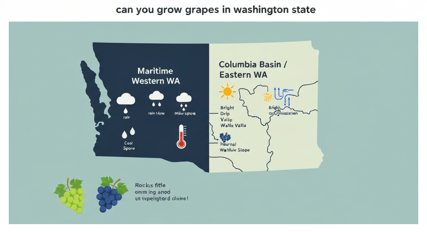 Infographic map of Washington showing eastern Columbia Basin (sun, irrigation, AVAs) versus wetter maritime western WA (clouds, mildew), with representative grape clusters.