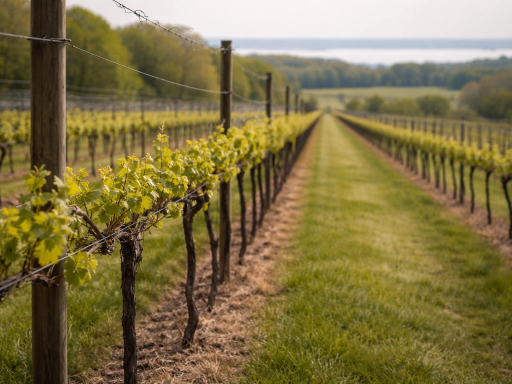 Healthy grapevines on a trellis in an Ohio vineyard with a calm Lake Erie–style landscape in the distance.