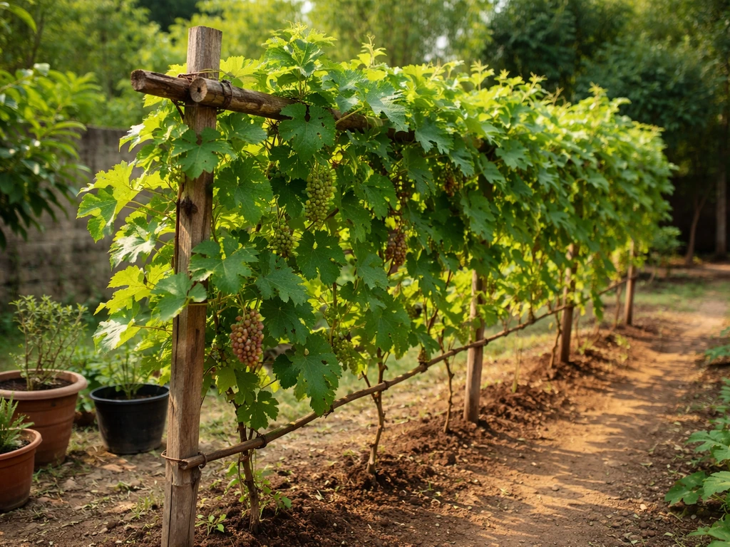 Lush green grapevines on a trellis with grape bunches forming in a Nigerian garden setting.
