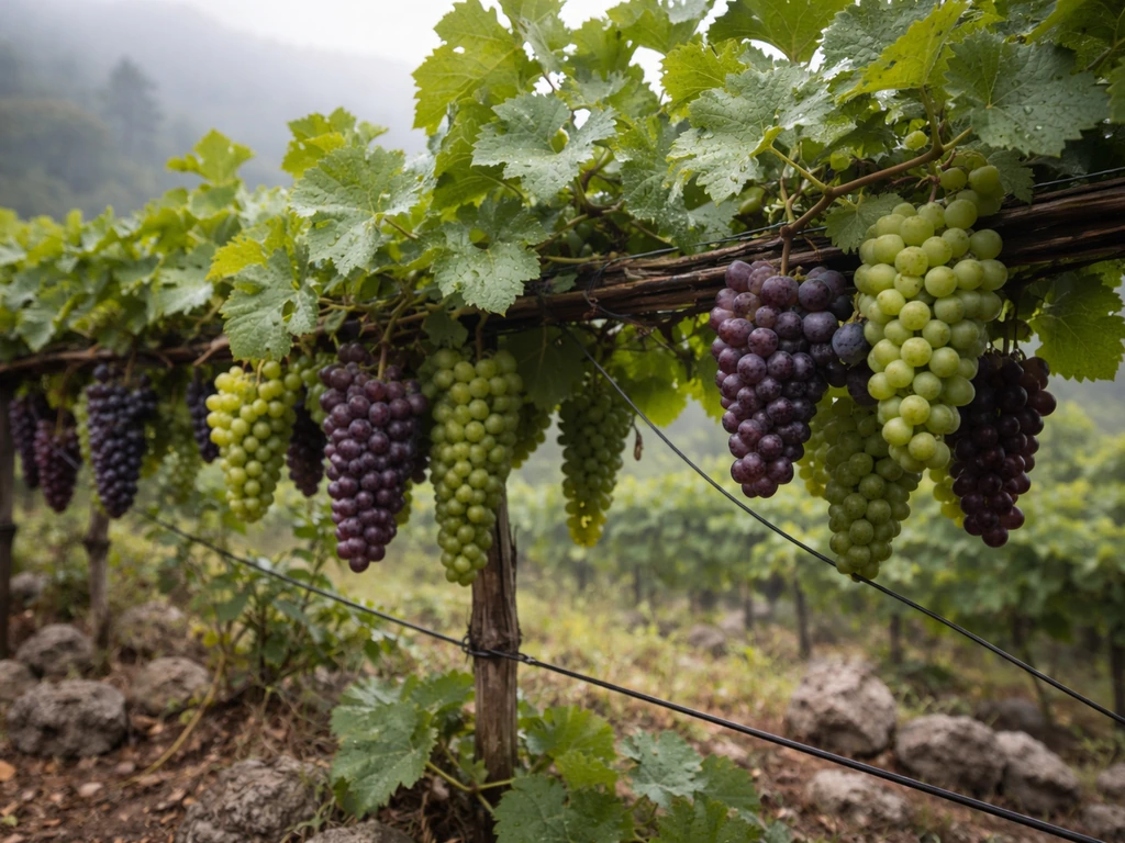 Minimal photo of grape vines in a cool highland-style landscape, suggesting where grapes can grow in Nigeria.