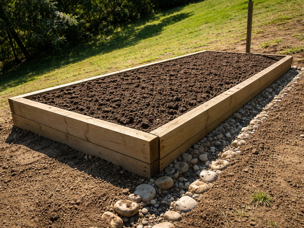 Raised grape planting bed with sloped soil and a visible drainage channel in bright full sun.