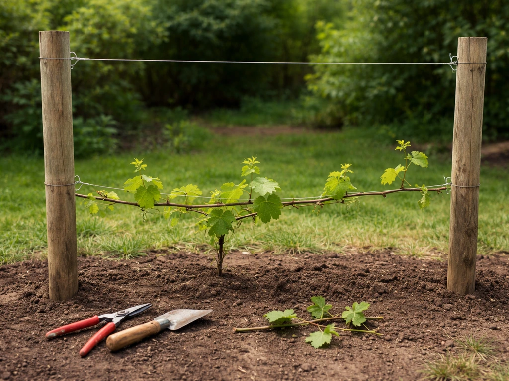 Young grapevine tied to a two-wire trellis with pruning shears and garden tools nearby.