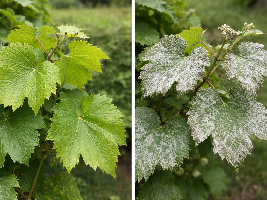 Grape leaves side-by-side: healthy green vines and nearby leaves with white powdery mildew coating.