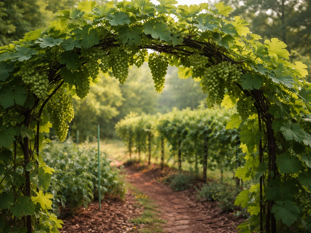Thriving grape vines on a simple trellis in an Arkansas-style garden, with developing grape clusters.