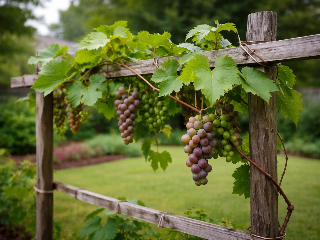 Green grapevine on a simple backyard trellis with healthy leaves and forming grape clusters.