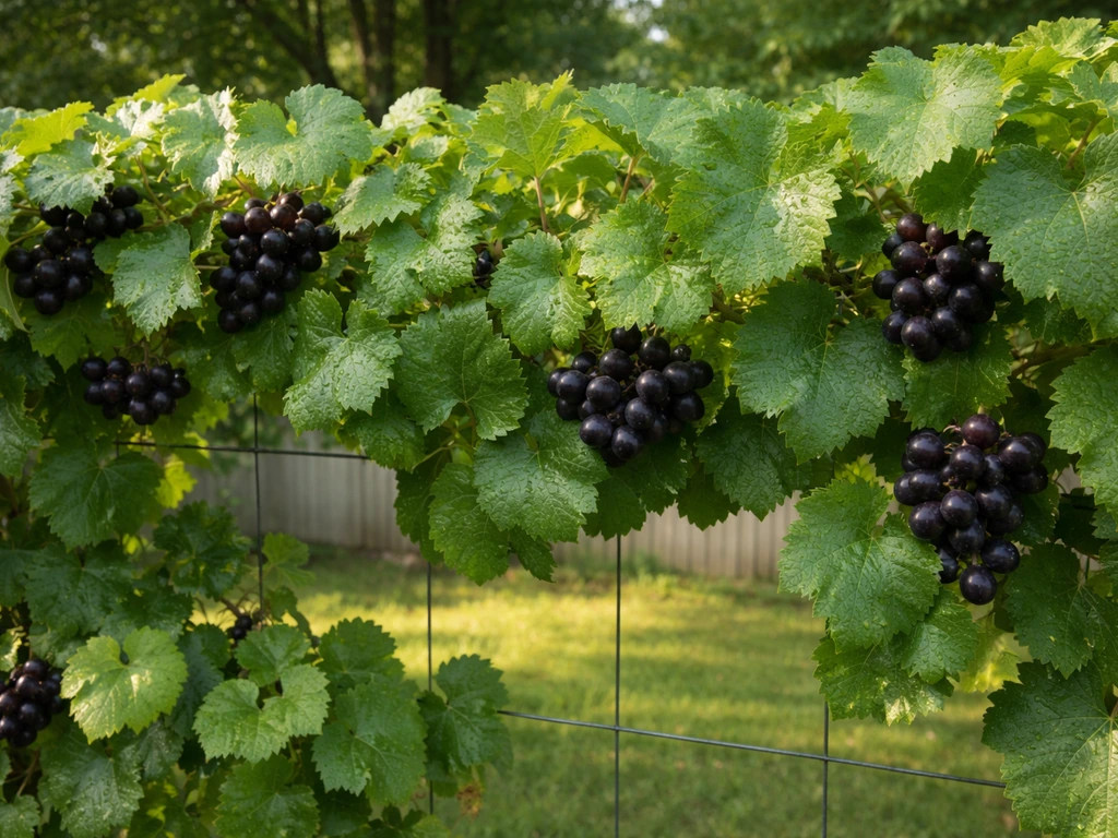 Muscadine vine on a simple trellis with dense foliage and visible grape clusters in humid, sunlit Arkansas.