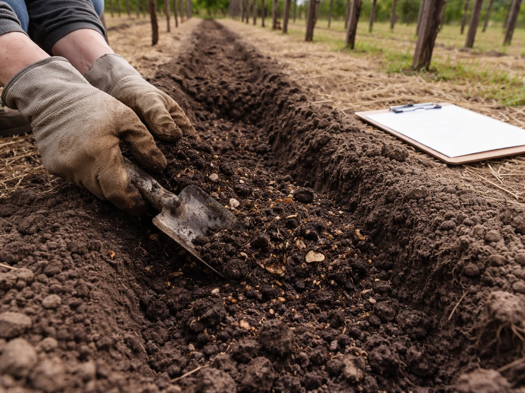 Gloved hands digging and amending soil for grape planting, with compost and a clear planting area nearby.