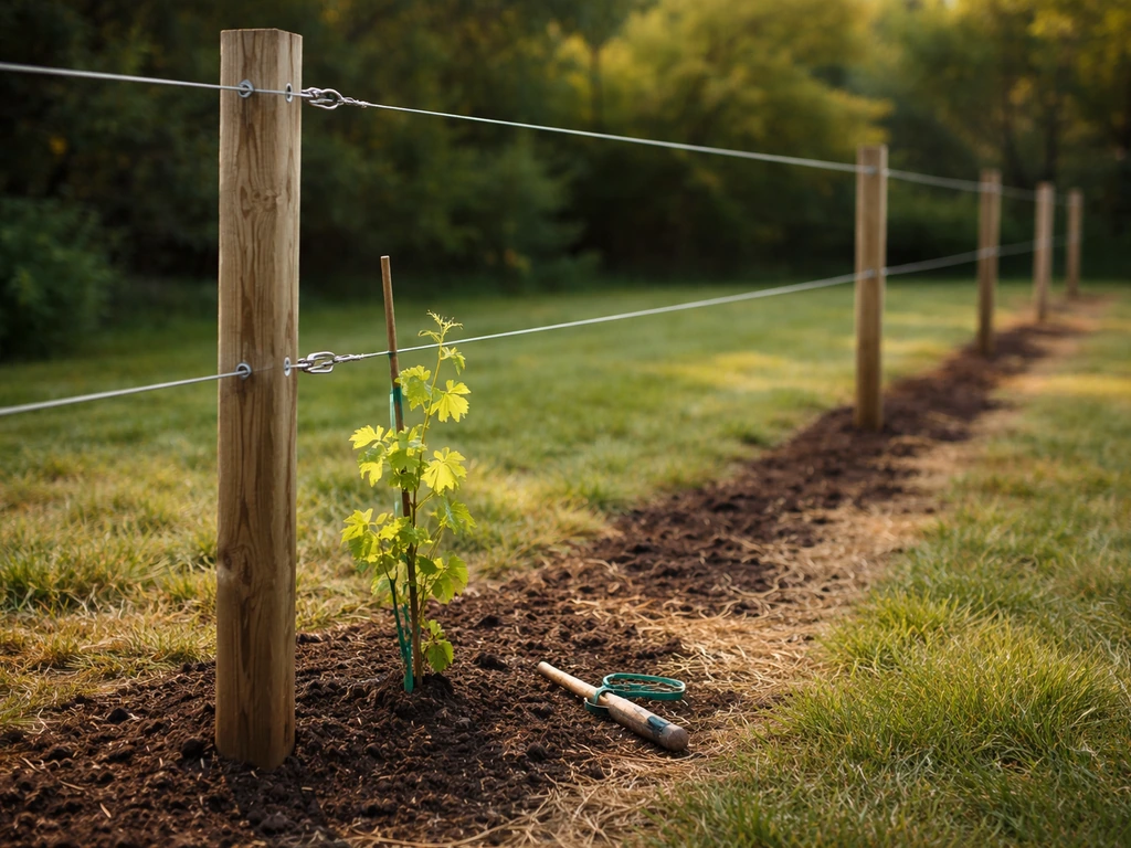 Garden trellis posts with two guide wires installed, with a new grapevine planted at the base.