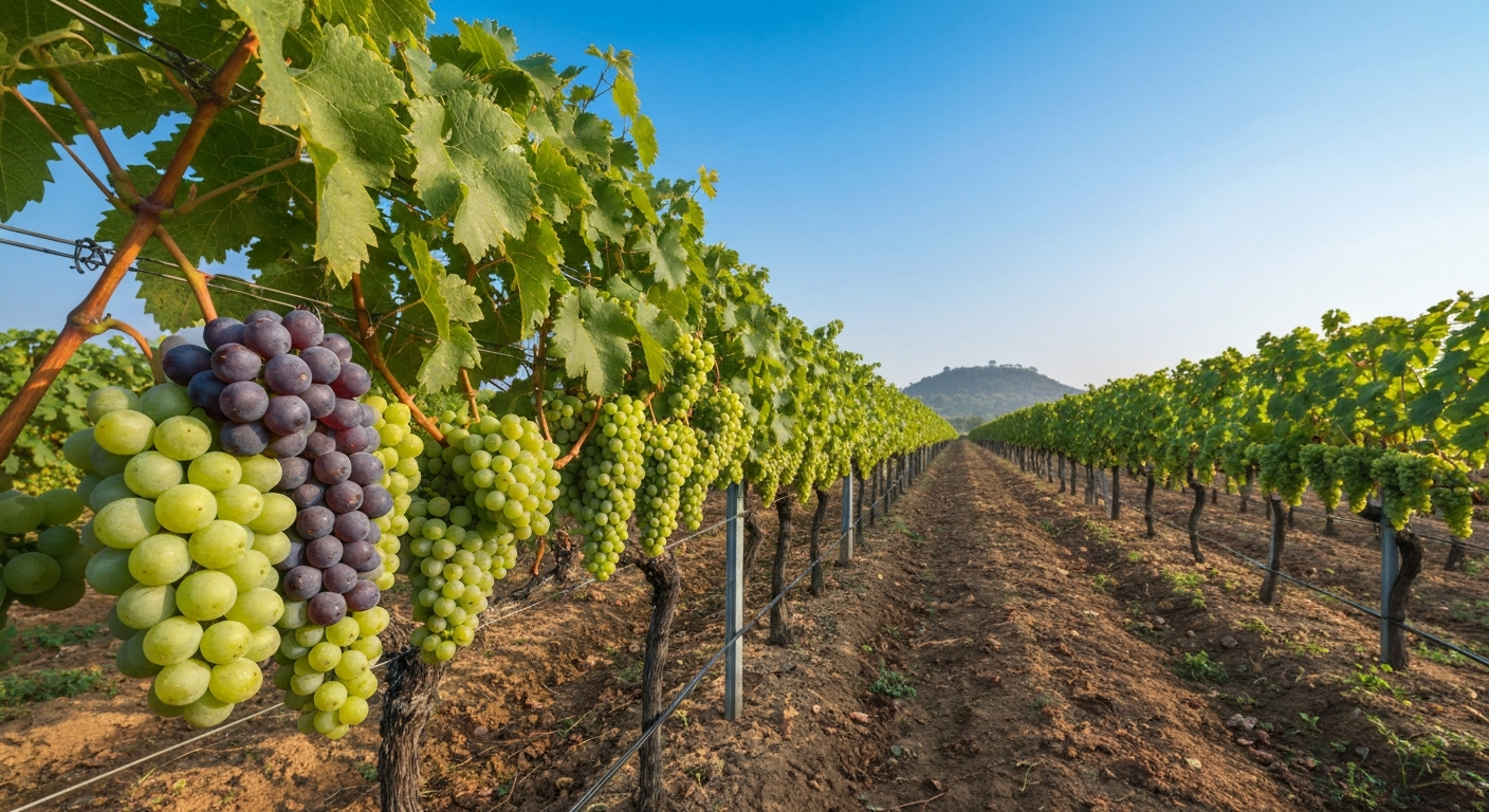 Sunlit grape vineyard in India during the cool, dry harvest window; rows of trellised vines with ripe grape bunches under a clear blue winter-to-spring sky.