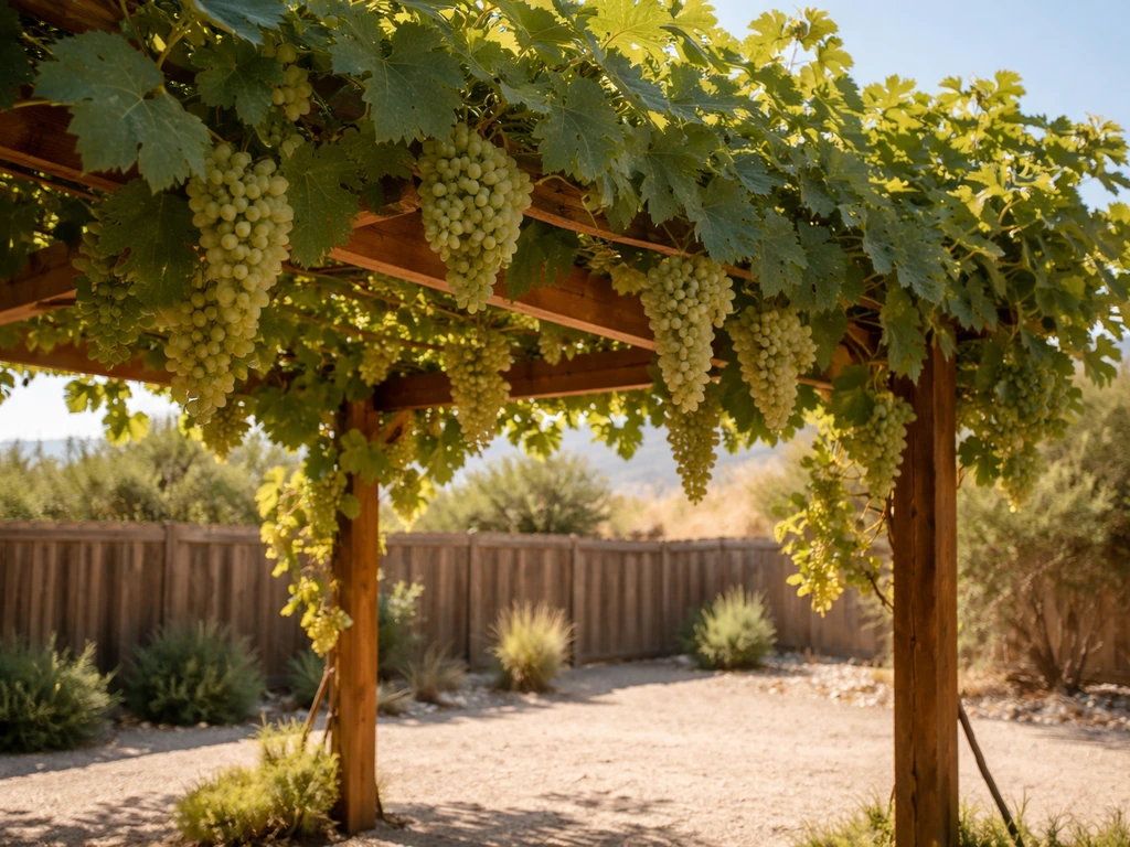 Sunlit backyard grape trellis in Utah with green grape clusters on the vines