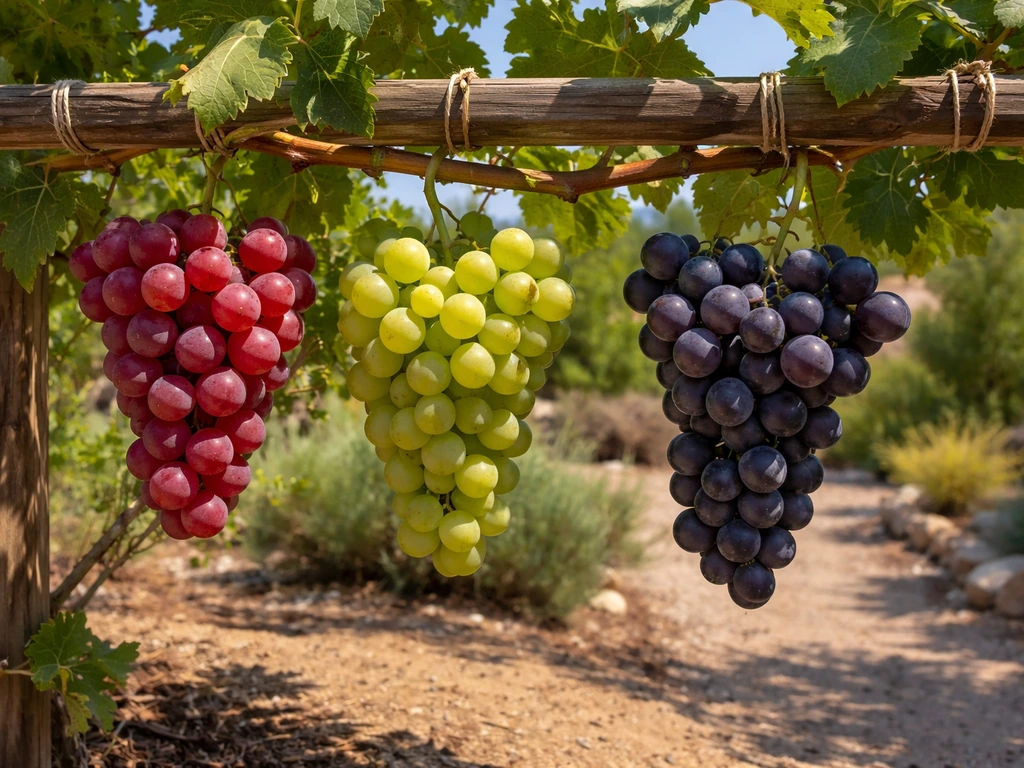 Red seedless, white seedless, and seeded grape clusters on a vine in a sunny Utah backyard.