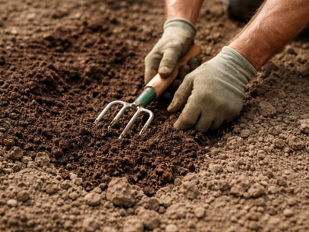 Gardener loosening soil and mixing compost into a grape planting bed in Utah-like dry ground