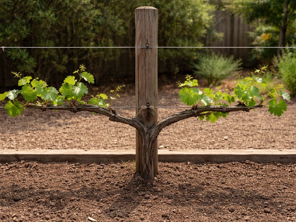 Grape vine trained along a simple two-wire trellis, tied with twine and showing pruning cuts.