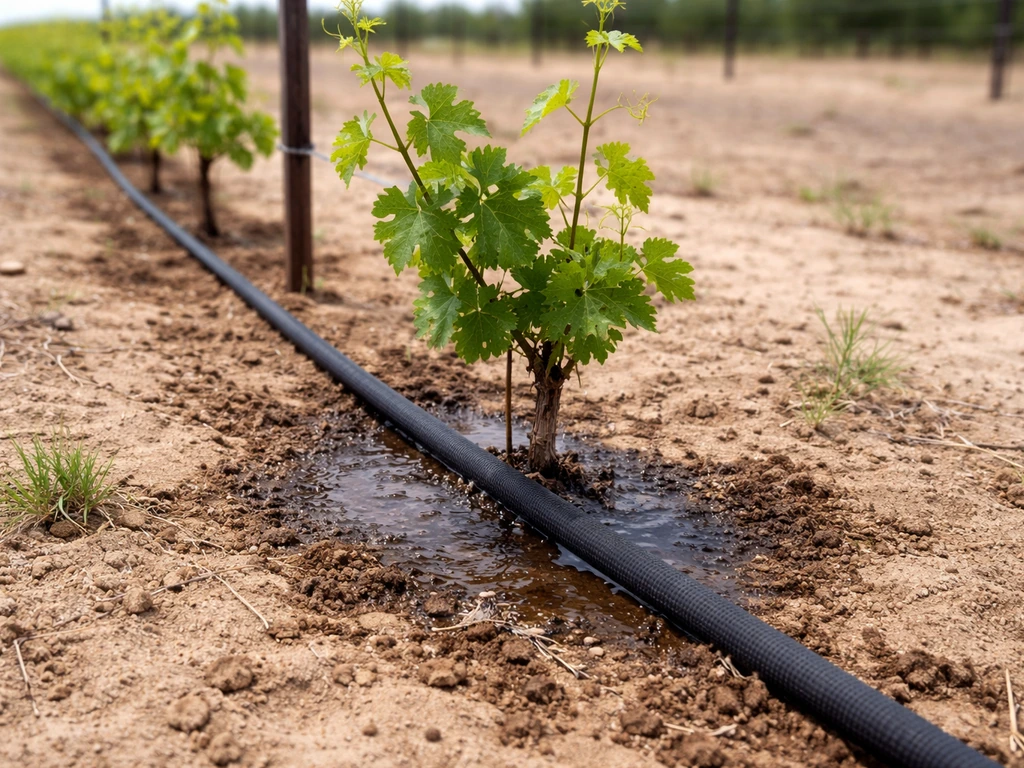 Soaker hose watering young grapevines in a dry arid garden, soaking the root zone.