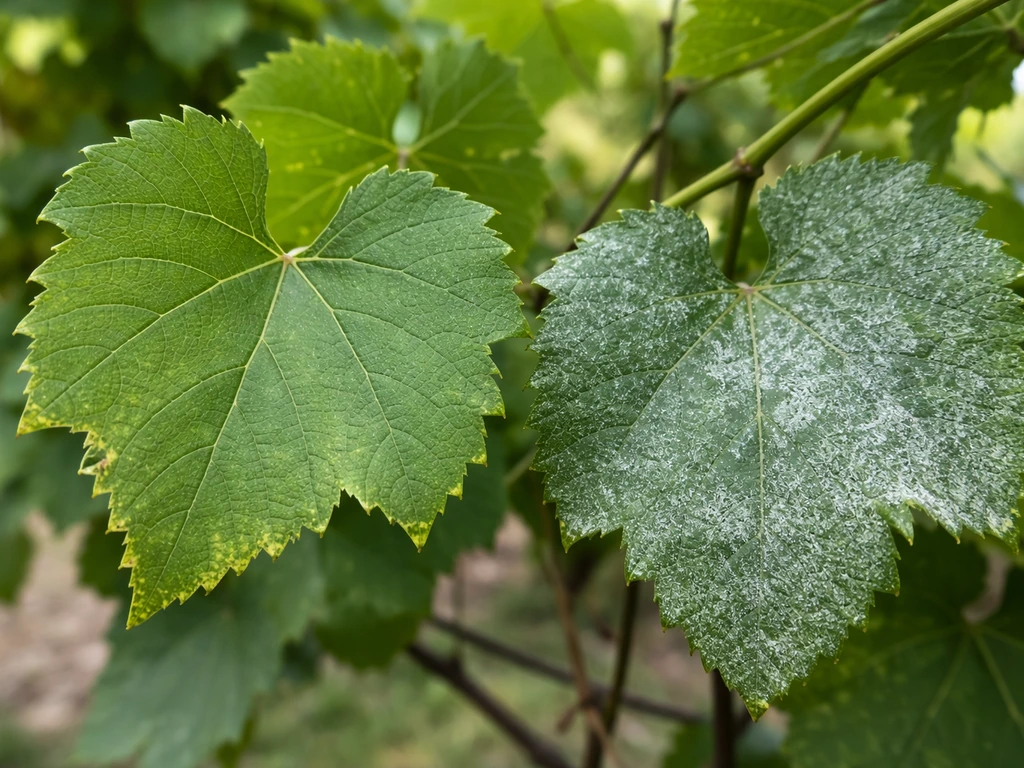 Close-up of grapevine leaves showing pest stippling and subtle powdery mildew-like spotting.