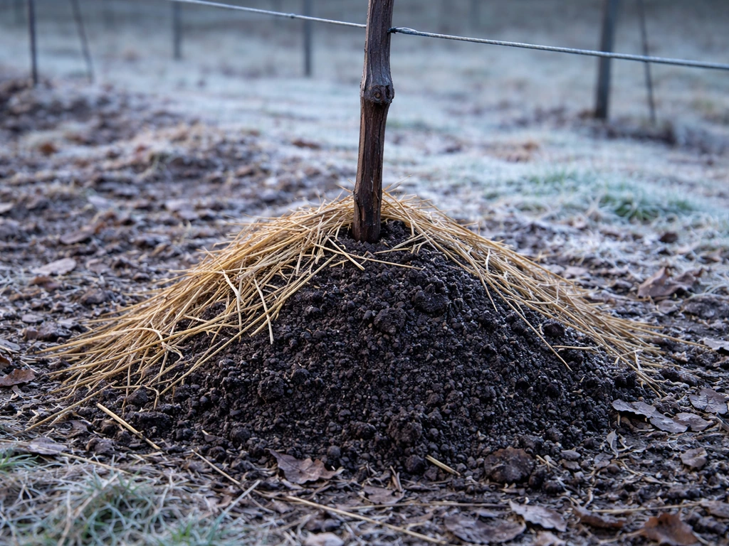 Young grapevine trunk with soil and straw mounded around the base to protect from winter frost.