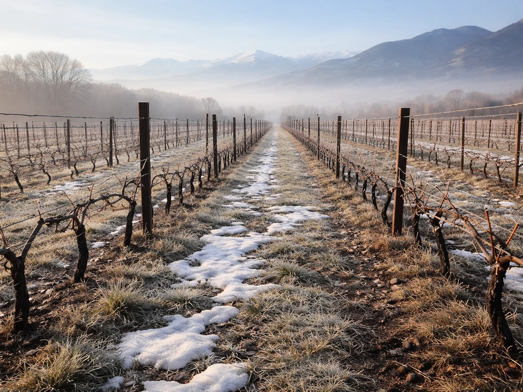 Cold-hardy grapevines on a trellis in a frosty Colorado vineyard during winter-to-spring transition