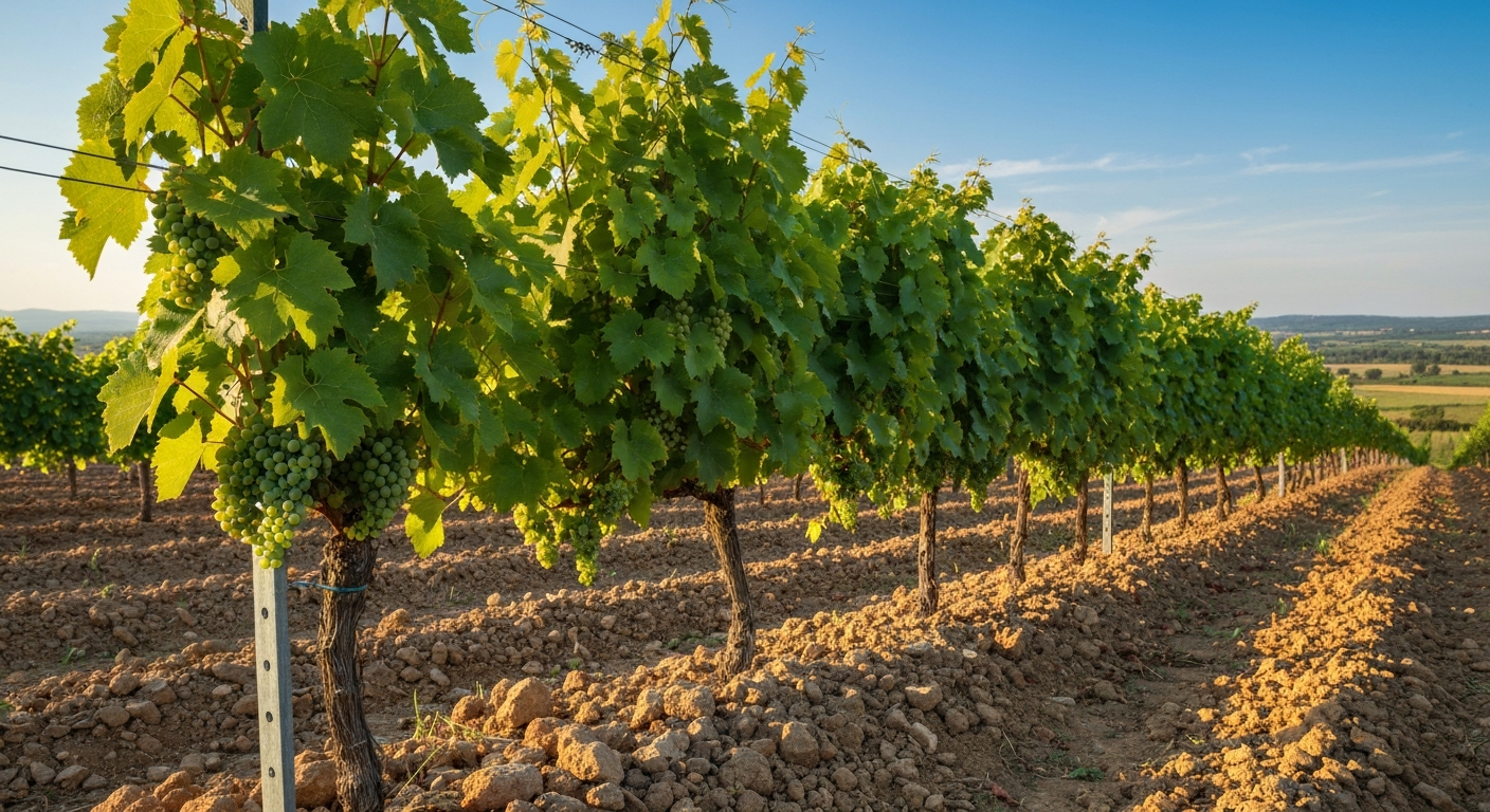Sunny south-facing vineyard slope with grapevines on a trellis, grape clusters, and well-drained soil — ideal grape-growing environment.