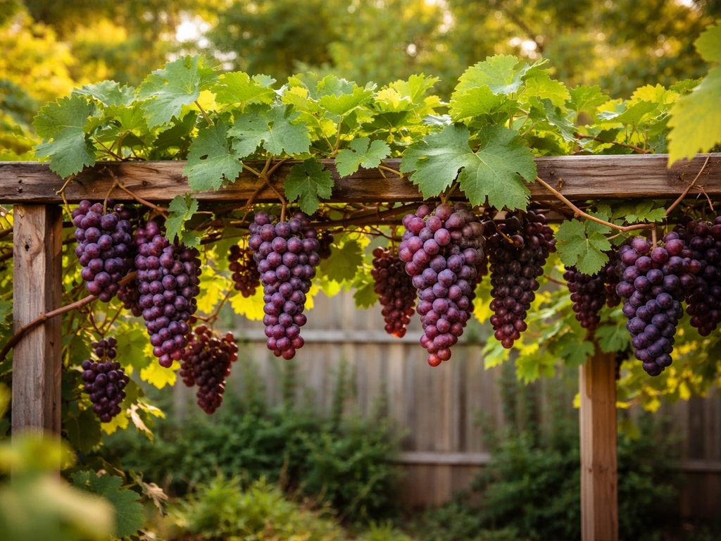 Lush grapevine on a backyard trellis in Kentucky with ripe grape clusters ready to harvest.