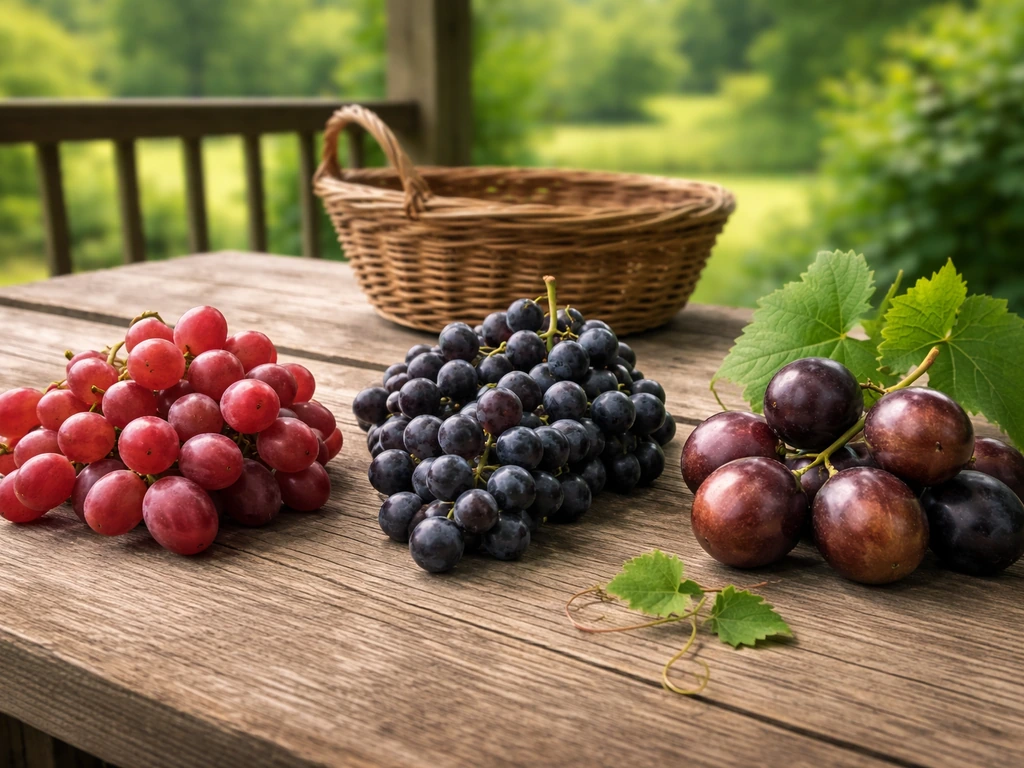 Three grape types on a farm table: red table grapes, dark wine grapes, and muscadines in a small harvest basket.