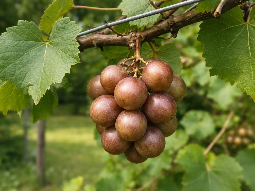 Close-up of bronze muscadine grapes on the vine with green leaves in natural daylight.