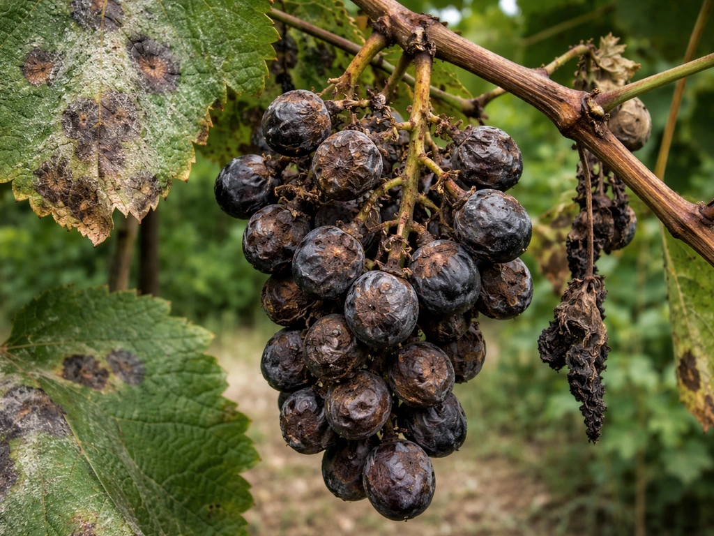 Close-up of grape leaves and berries with dark black rot spots in a vineyard, natural light.