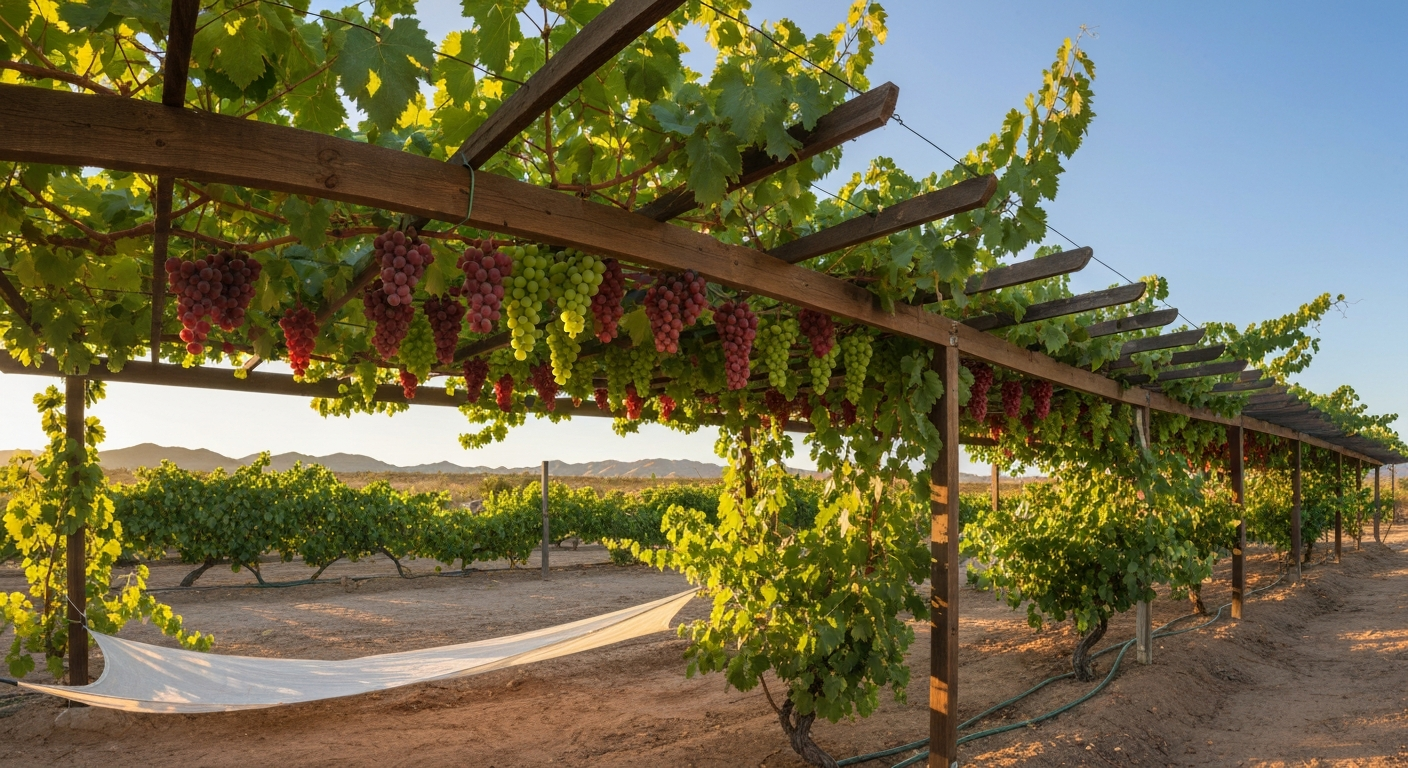 Home pergola trellis in a warm desert (Zone 10) garden with a dense grapevine canopy shading clusters of red and green seedless grapes.