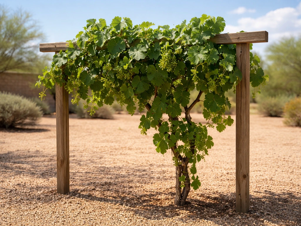 Thriving grapevine on a trellis in a sunny Arizona backyard with dry, arid landscaping in view.